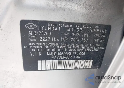 2009 Hyundai Elantra Gls/Se from USA, damaged, VIN KMHDU46D59U761406
